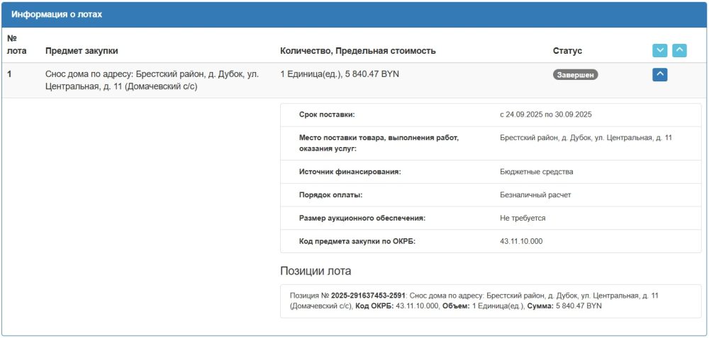 Тендер на снос дома в деревне Дубок. Скриншот сайта госзакупок