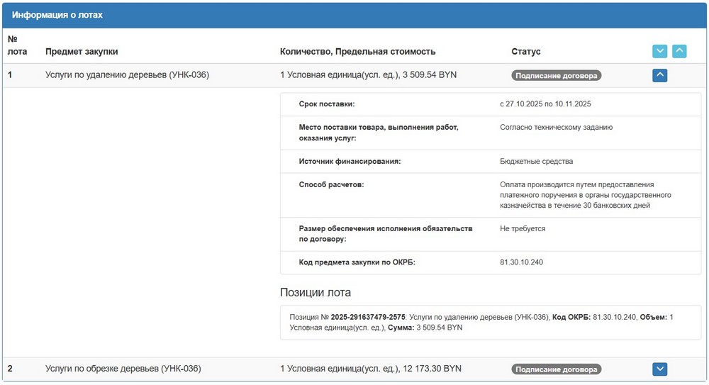 Тендер на удаление и обрезку деревьев в детском саду №15 Бреста. Скриншот сайта госзакупок