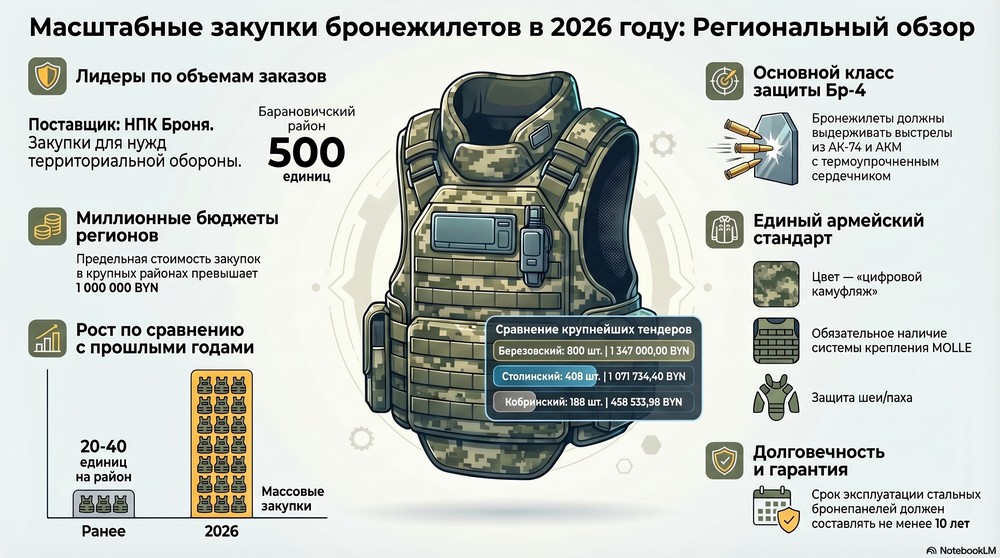 Закупки бронежилетов в Брестской области в 2026 году. Инфографика сгенерирована в NotebookLM